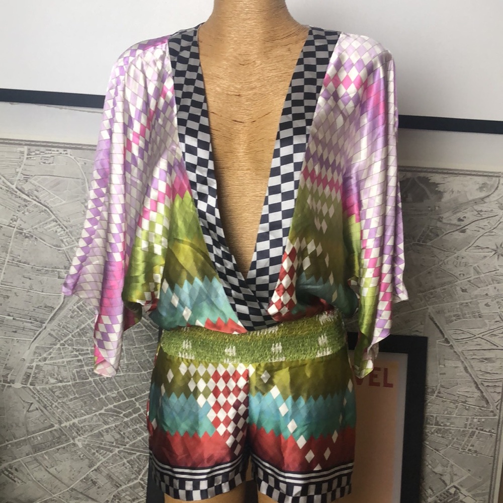 ANDRES OTALORA Silk Multicolor Diamond Print  Romper with Checker Trim Size 8